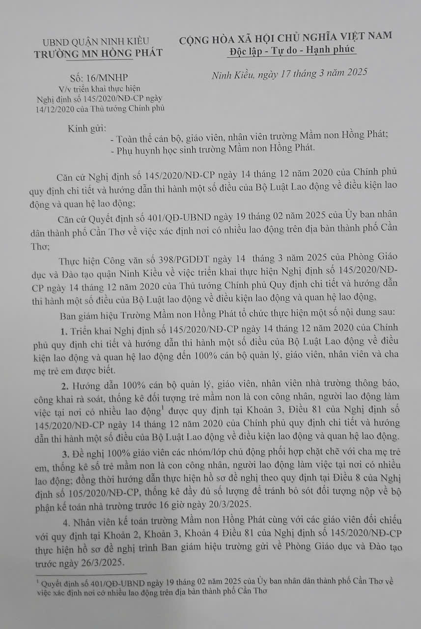 THÔNG BÁO: TRIỂN KHAI THỰC HIỆN NGHỊ ĐỊNH SỐ 145/2020/NĐ-CP NGÀY 14/12/2020 CỦA THỦ TƯỚNG CHÍNH PHỦ.