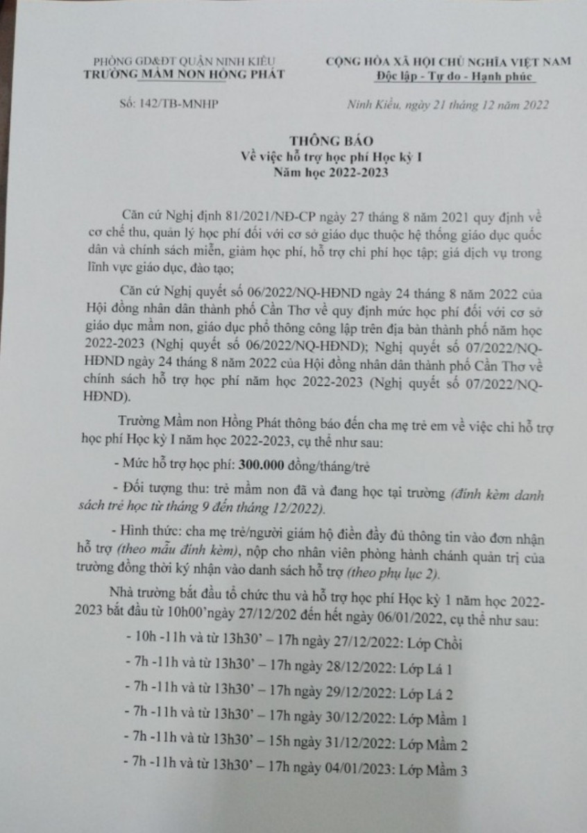 Lịch phát tiền hỗ trợ học phí