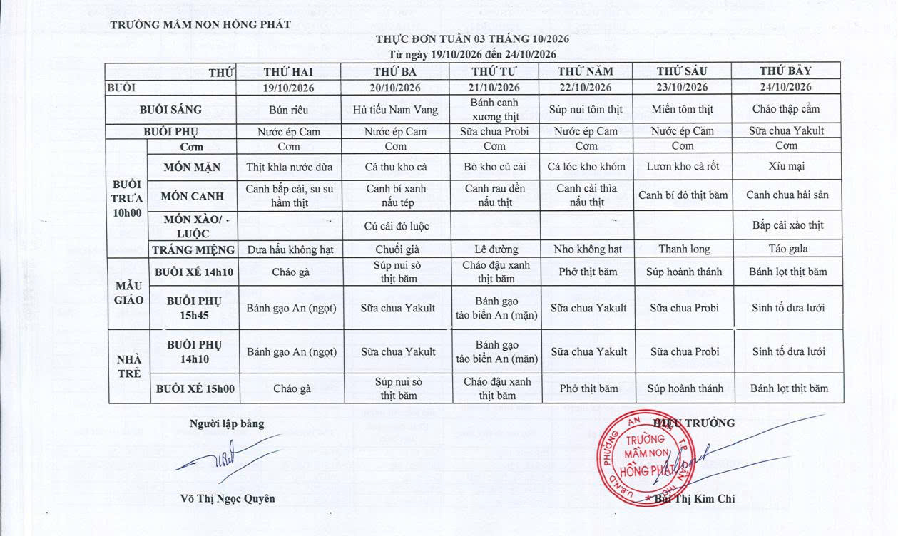 Trường Mầm non Hồng Phát công khai thực đơn cho trẻ tuần 03 tháng 10/2026